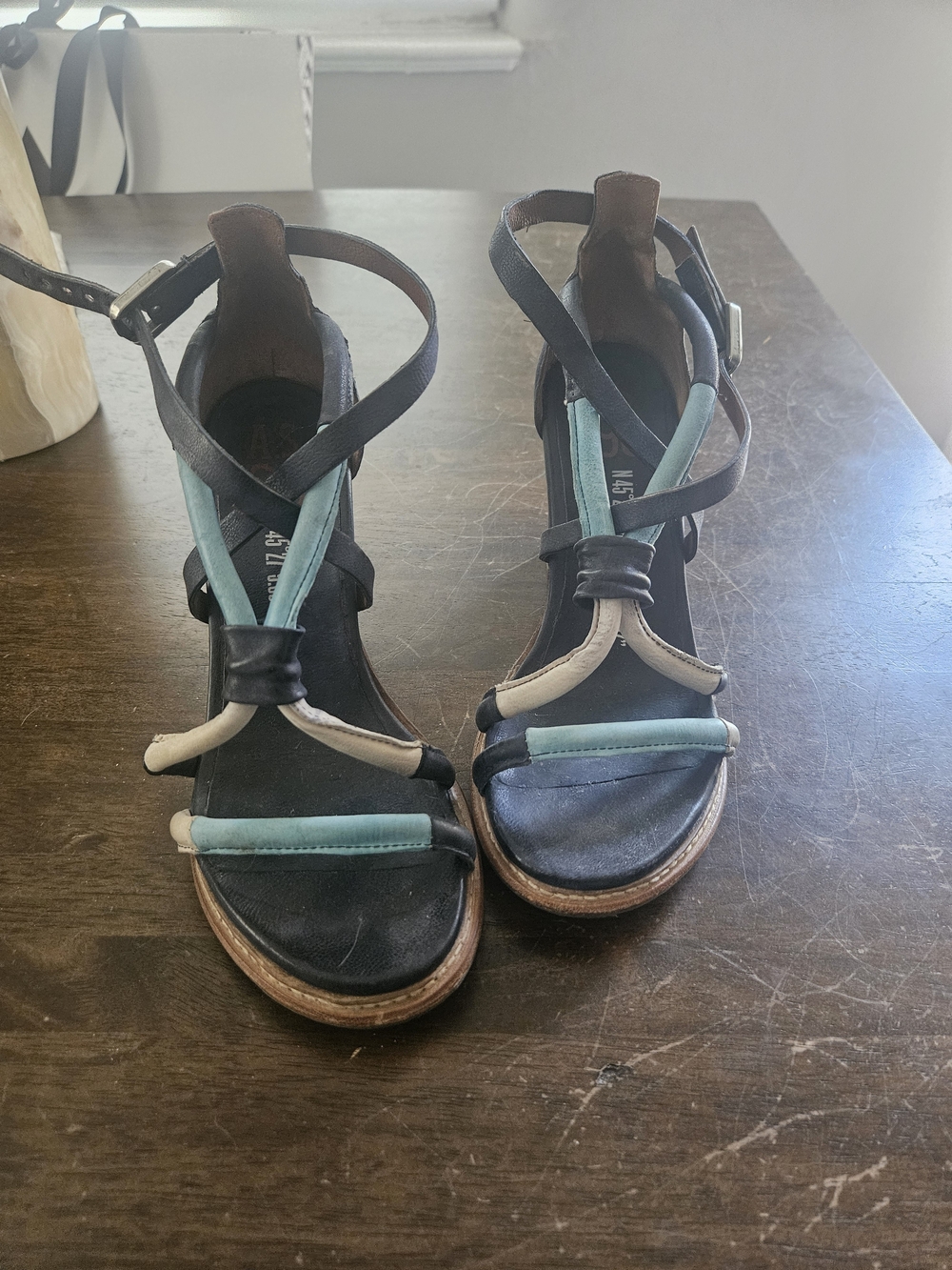 A.S.98 Multi-blue Leather Block Heel Sandals
